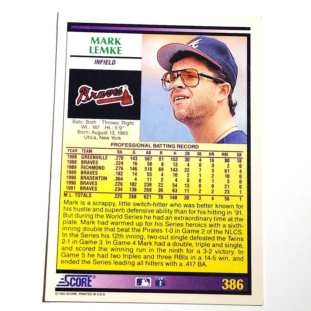 1992 Score Mark Lemke #386 Atlanta Braves Second Baseman MLB Baseball NM